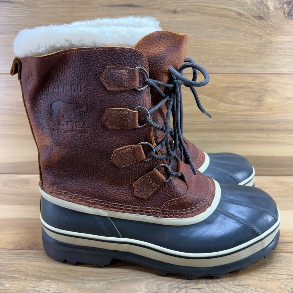 SOREL Caribou Brown Leather Snow Boots Mens 9.5 Waterproof Insulated Faux Sherpa